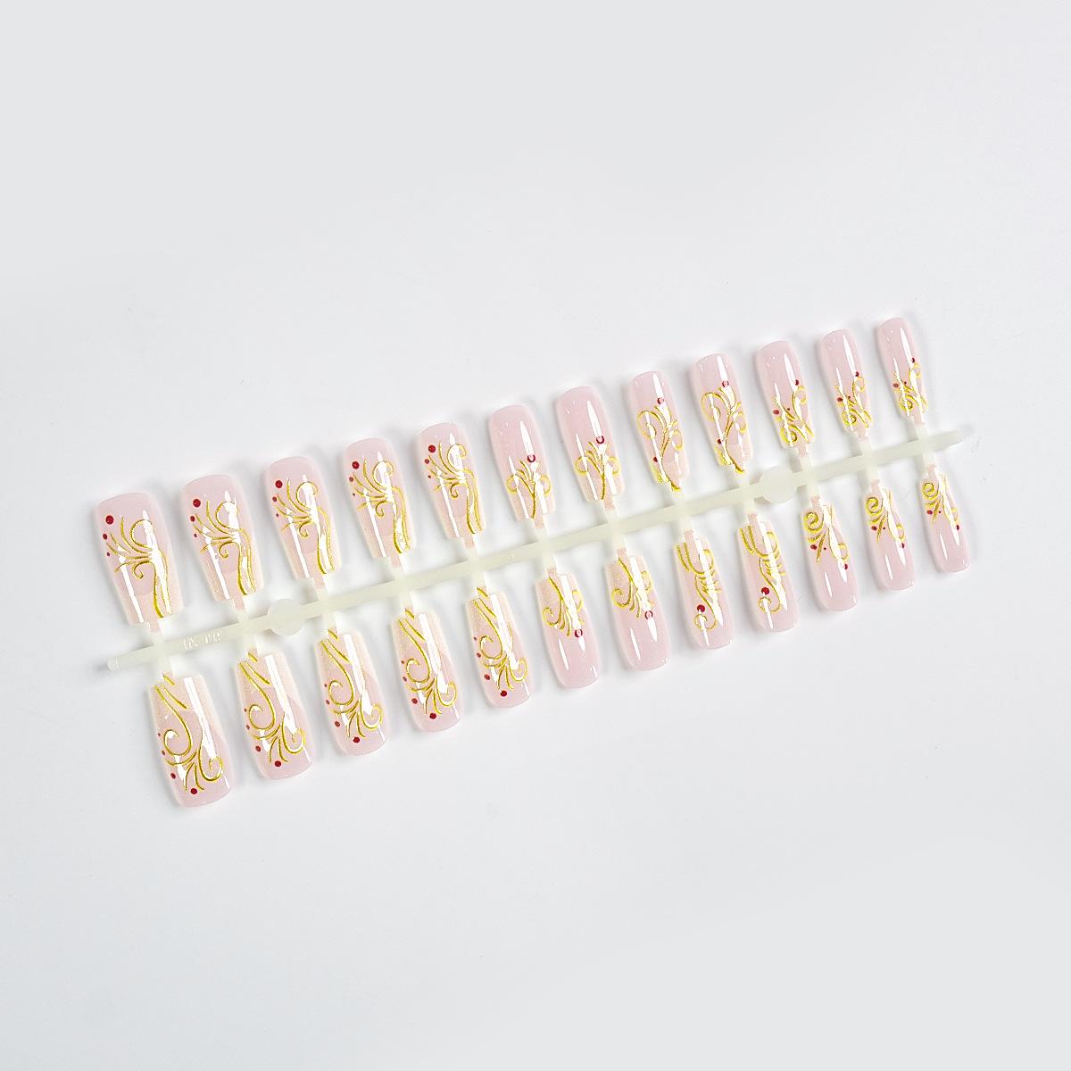 Nude and Gold Pattern French Press-On Nails - 24-Piece Set, Square Medium-Length