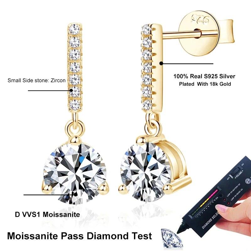 D Color 1ct  Zircon Drop Earrings for Women  Sterling  Plated Wedding Earring