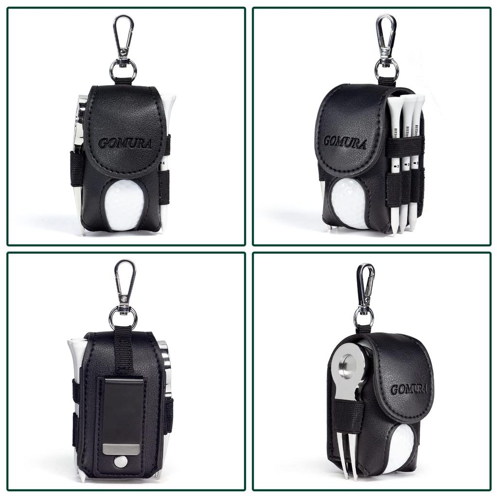 gomura Golf Ball Case [2 Pieces] Golf Ball Pouch with Green Fork, Ball Marker, Golf Tee, PU Leather (Black)