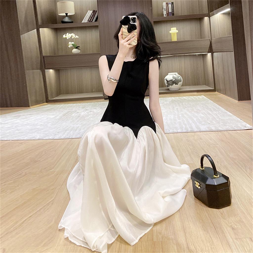 Elegant Ladies Round Neck Sleeveless Long Dress Chic Design Patchwork Color Formal Occasion Women Summer Dress