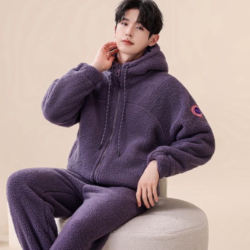 Coral Fleece Pajama Set Thick Double Layer Soft Loungewear Men Women Winter Homewear