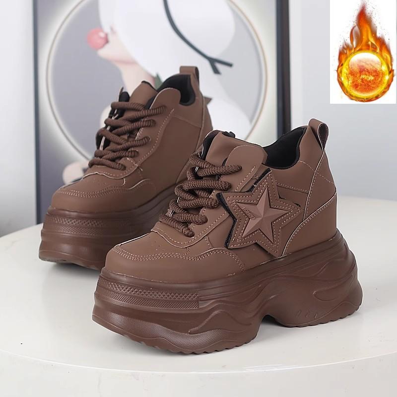 Fashion 12CM Cow Genuine Leather Winter Boots Autumn Fashion Platform Chimney Ankle Booties Moccasins Women Chunky Sneakers Shoes