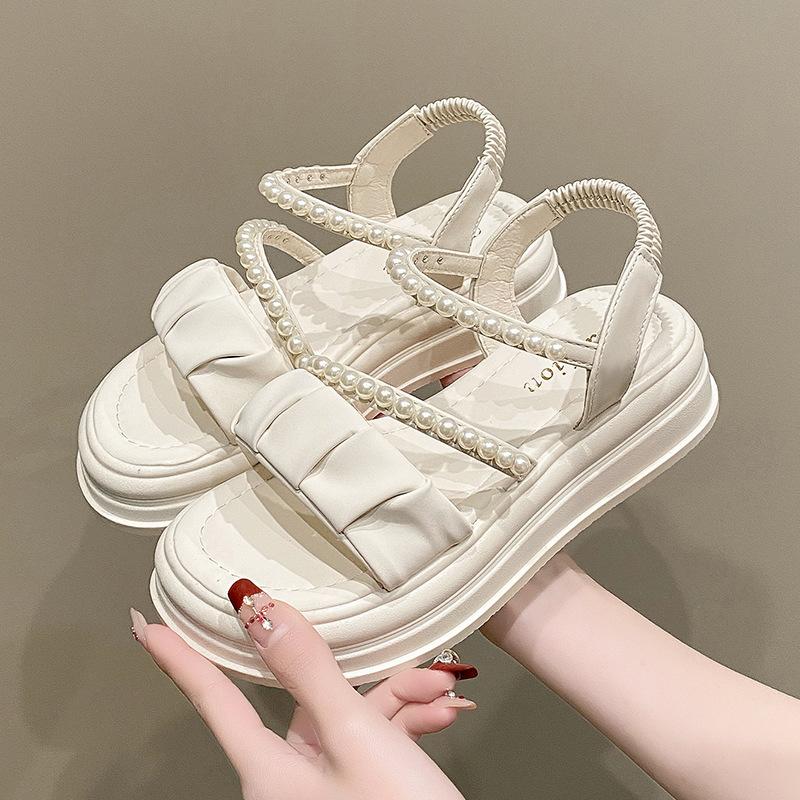 

Women s Sandals 2025 Summer New Fashion Thick Sole, Girl-style Roman Shoes Pearl Wear Soft Sole Casual Women s Shoes, Slippers 39 бежевый
