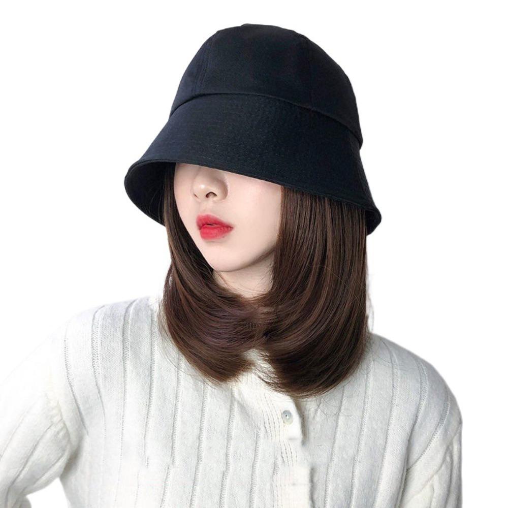 

Hairpiece Fisherman Hat Wig Bucket Hat Summer Sunshade Cap Wig Outdoor темно-коричневого кольору