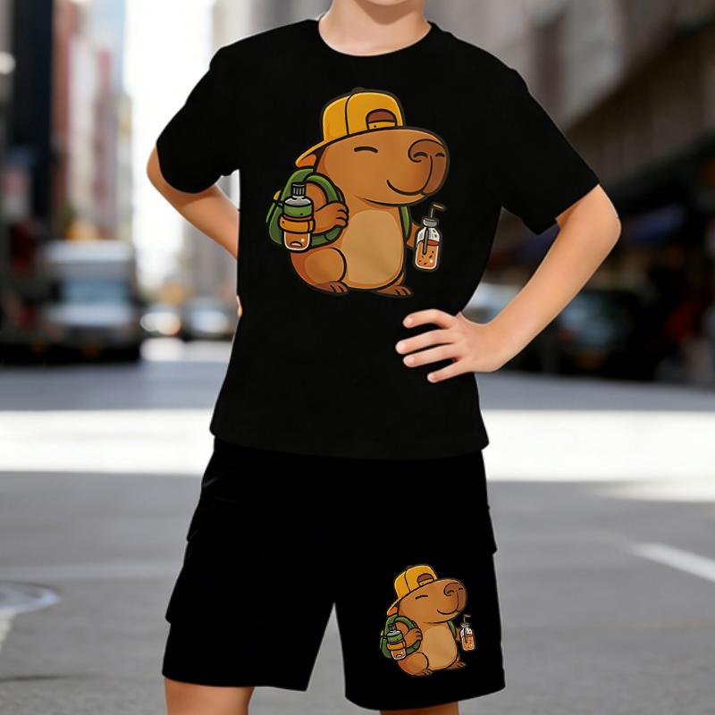 

Boys 2 Piece Cute Capybara Print Outfit, Short Sleeve T-Shirt and Shorts Set for Kids Age 5-14, Black and White Sporty Casual Summer Clothes 5-6 Years чёрный