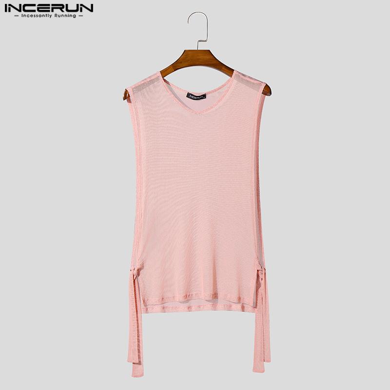 INCERUN Maiouri casual fără mâneci din plasă transparentă cu decupaje laterale cu bandaje pentru bărbați