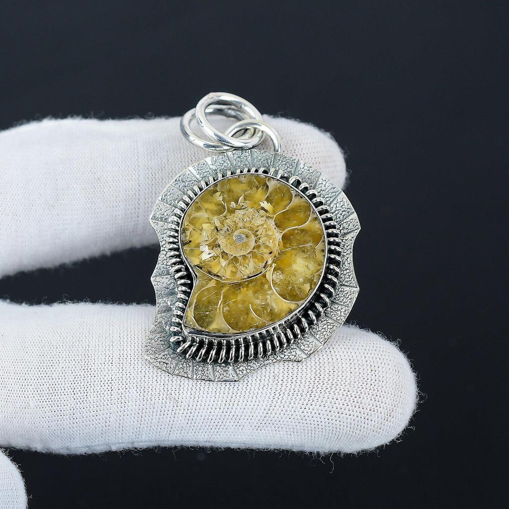 Natural Ammonite Gemstone Silver Pendant in 925 Sterling Silver- Handmade Design, Everyday Wear Jewelry, Unique Pendant Birthday Gift