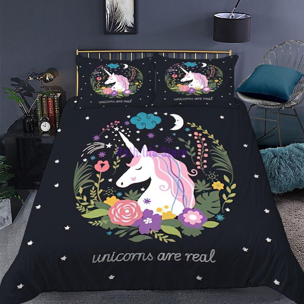 Cartoon Unicorn Lucky Kids Girls Pink Bedding Set Cartoon Duvet Cover Bedcllothes Animal Printed Queen King Size Bed Linens