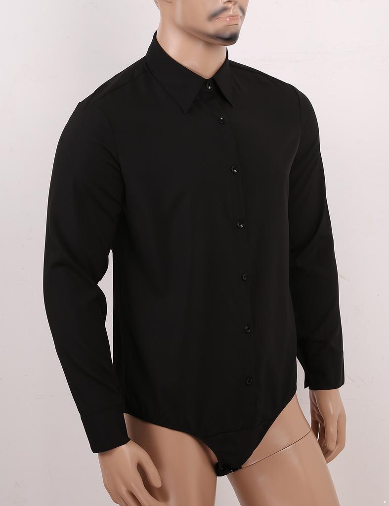 Men‘s One-Piece Casual Bodysuit: Turn-Down Collar Long Sleeve Button Down Solid Color Shirt Top for Daily Wear