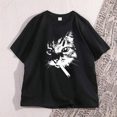 Cat Smoking Cigarette Funny Graphic T Shirt Oversized Tshirt Stupid Cat T Shirts Cotton Short Sleeve Streetwear Clothing