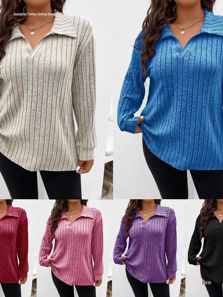 2026 Autumn/Winter Plus Size Women's V-Neck Long Sleeve Ribbed Brushed Loose Top