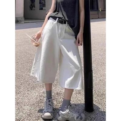 Neutral Retro White Three-quarter Denim Shorts for Women High-waisted Slim Simple Loose Straight Versatile Wide-leg Pants Trendy