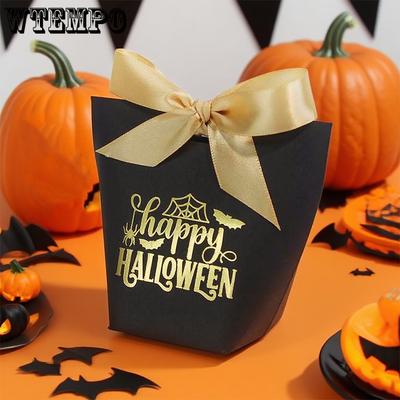 WTEMPO Cutii de cadou imprimate cu Liliac/Păianjen/Pânză de păianjen de HALLOWEEN Fericit cu fundă din panglică Decor de petrecere Mărturii Cutii pentru dulciuri pentru depozitarea și oferirea cadourilor delicate