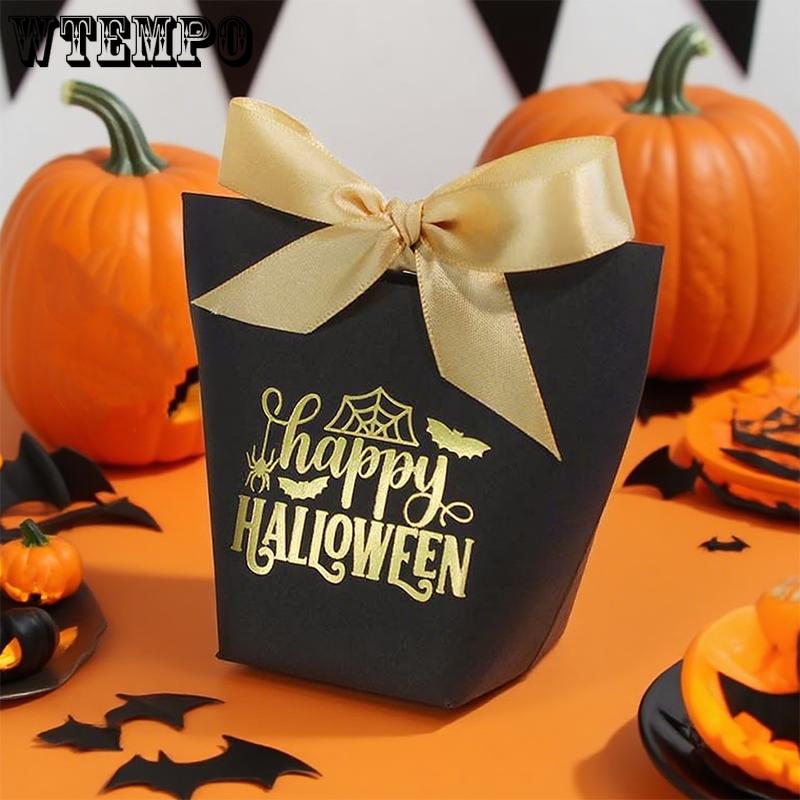 

WTEMPO Happy HALLOWEEN Bat/Spider/Spider Web Printed Gift Boxes with Ribbon Bow Party Decor Favors Treat Boxes for Storing and Gifting Delicate Items 50pcs чорний