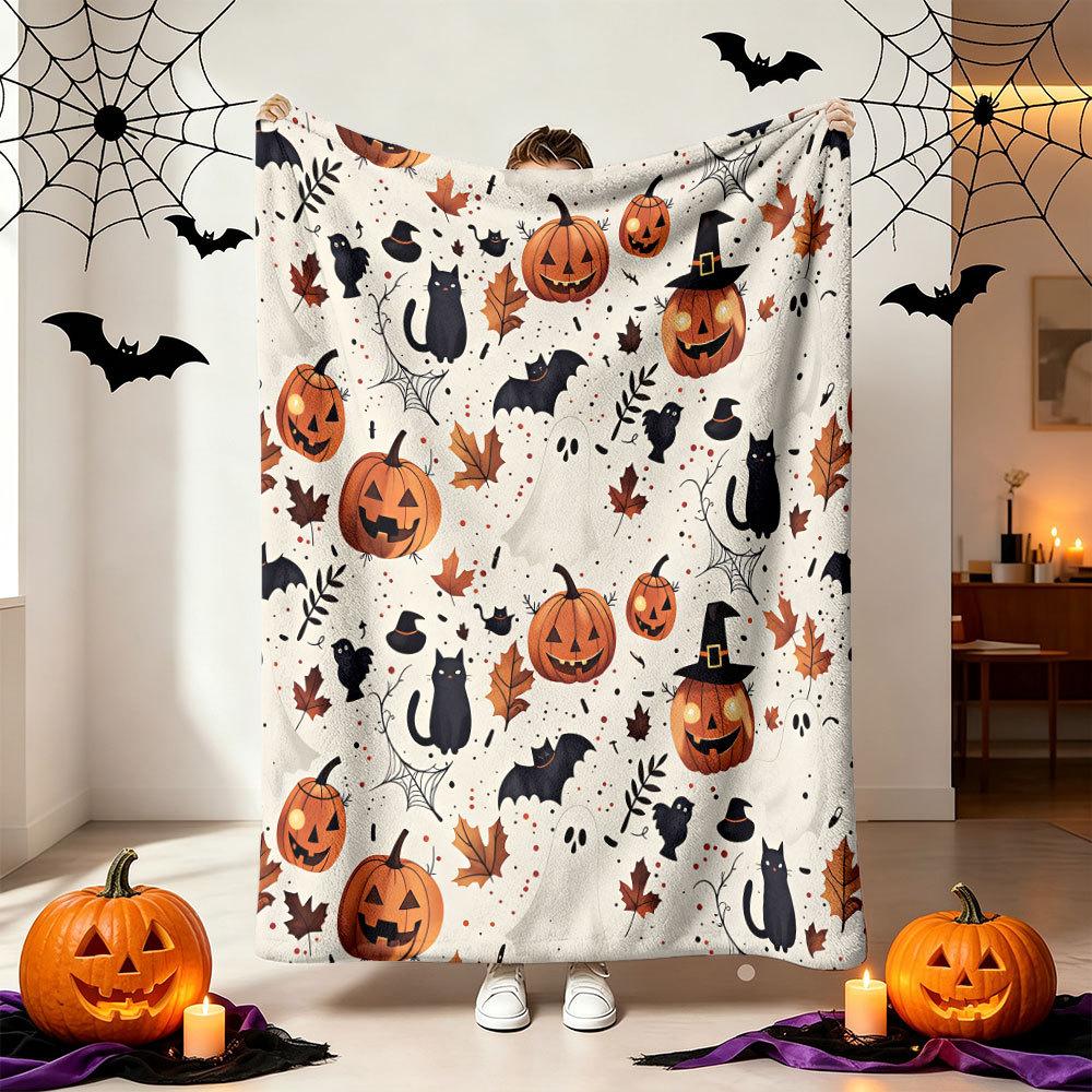 October Pick Witch Cat Fleece Blanket Bat Spider Web Floral Design Throw Blanket for Bedroom Sofa Halloween Home Decor Gift
