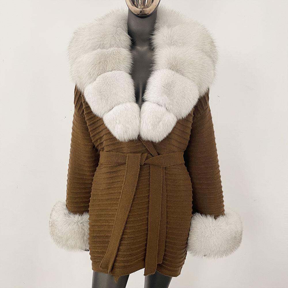 OFTBUY Podzimní Dámský Měkký Dlouhý Pravý Velký Liščí Kožich Teplý Pletený Kabát Pásek Klopa Límec Svrchní Oblečení Ležérní Svetr Bunda Volná Dámská Elegantní Dlouhá