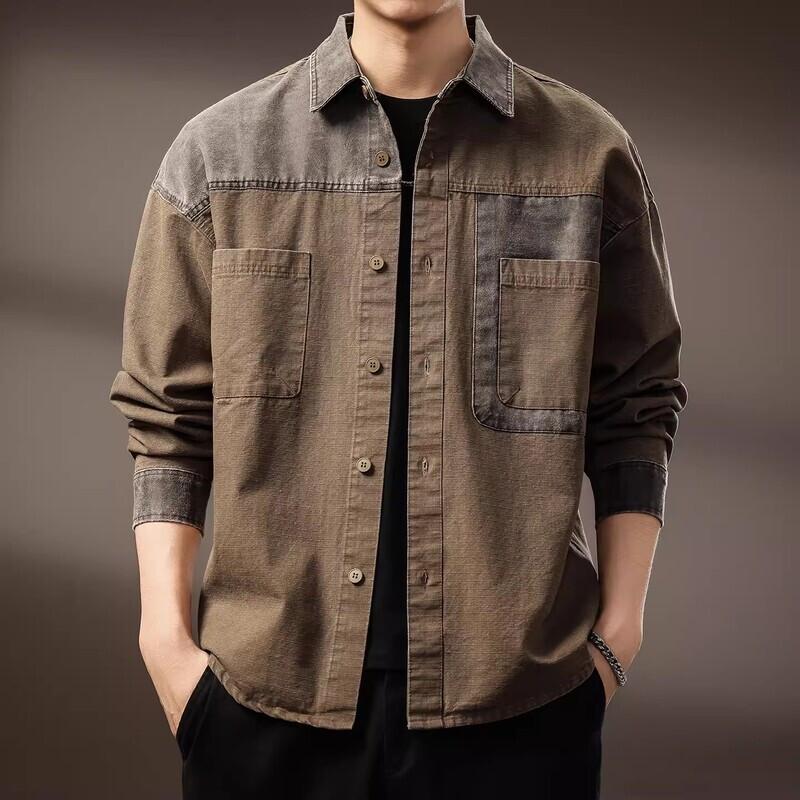 Men s American Retro Color Block Patchwork Loose Long Sleeve Shirt XL