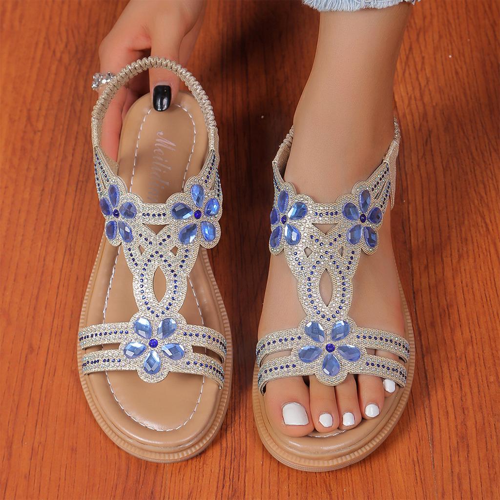 Damen-Flatsandalen mit Blumenmuster und Strasssteinen, offene Zehenpartie, Fersenriemen, Strandschuhe, Bequeme Freizeit-Schuhe für draußen und den täglichen Gebrauch