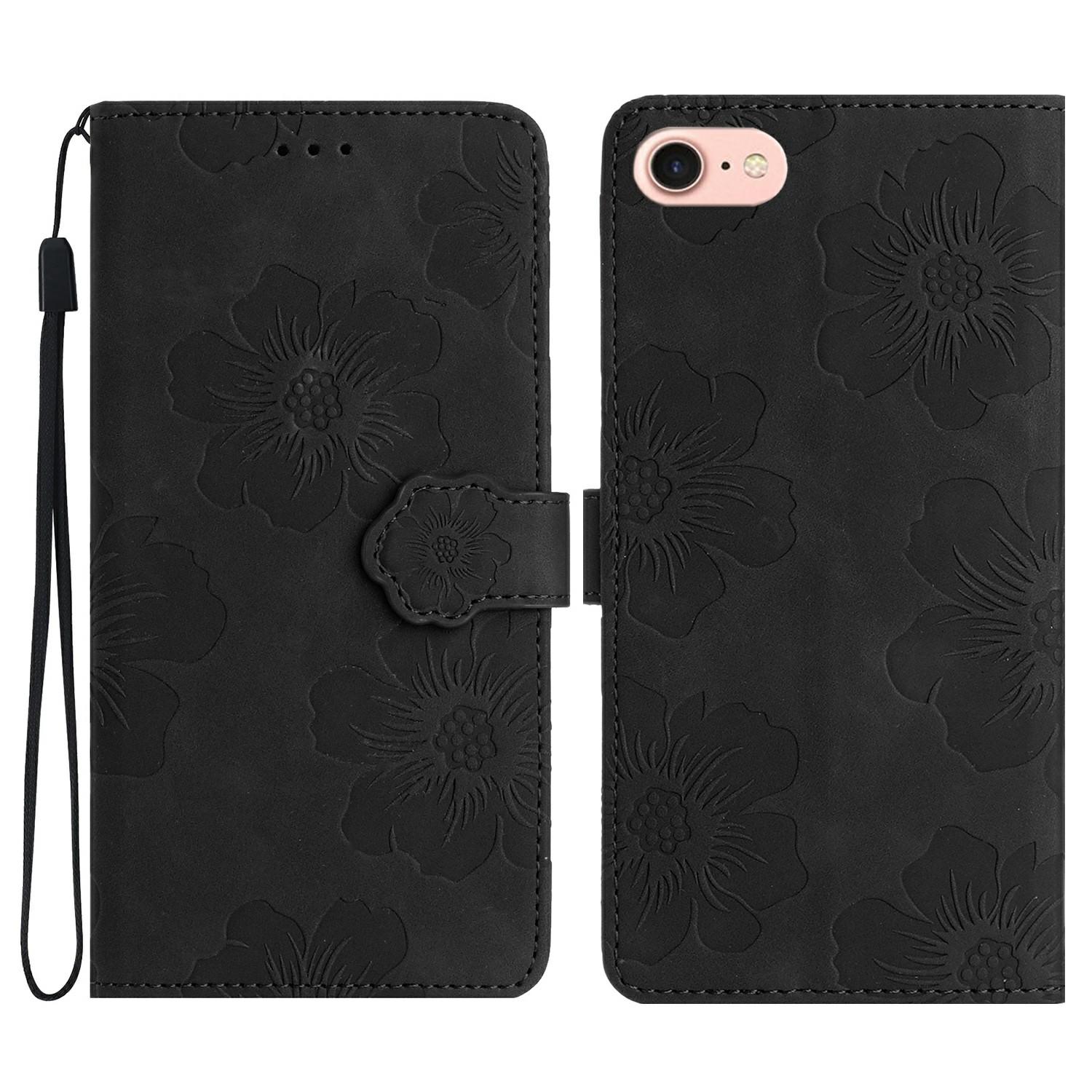

For iPhone 16e Case Flower Design Leather Wallet Phone Cover with Wrist Strap Black