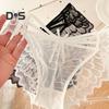 Damen Spitzen-Strings, niedrige Taille, durchsichtige Höschen mit Schleife, sexy Spitzen-Netz-Slips, ultradünne, atmungsaktive Bikini-Unterwäsche
