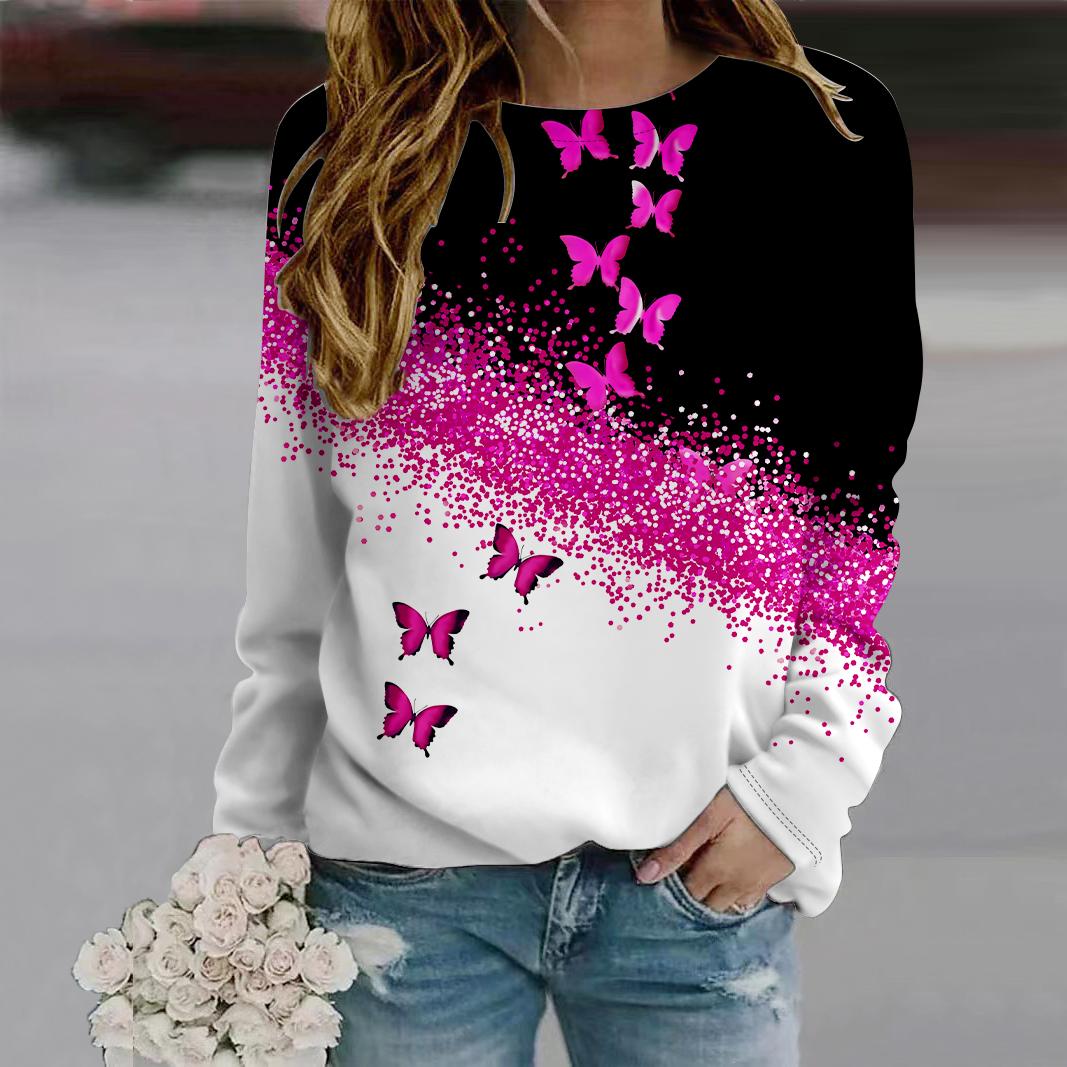 

Осенняя женская модная футболка с круглым вырезом и длинным рукавом, свободная одежда, синяя футболка с принтом бабочки и струящимся песком для девочек, уличная 8XL ярко-розовый