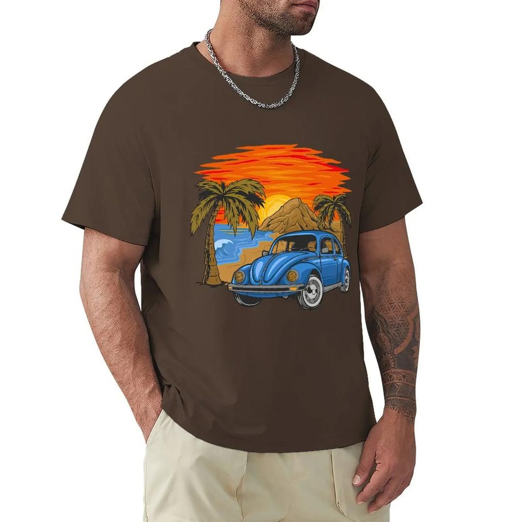 Holiday Vintage Car With Sunset In The Beach T Shirt Harajuku Short Sleeve T-shirt 100% Cotton Graphics Tshirt Tops