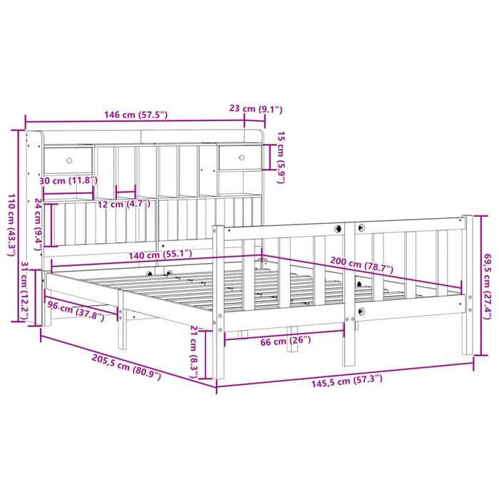 VidaXL Lit bibliothèque sans matelas blanc 140x200 cm bois pin massif, lit, meuble de chambre à coucher, lit avec rangement, 3321744
