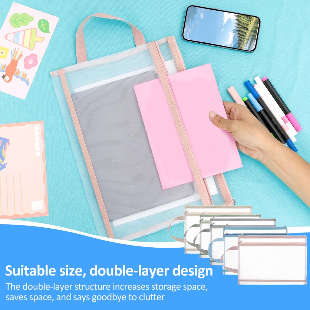 10 Pcs Mesh Zipper Pouch Bag with Handle Double Layer Mesh Zipper Pouch Breathable A4 Zip Bag for Toy Storage and Organization