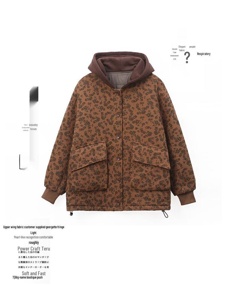 2024 Women's Retro Print Cotton Jacket - Winter Style, Plus Size, Loose Fit, for Middle-Aged and Elderly Moms