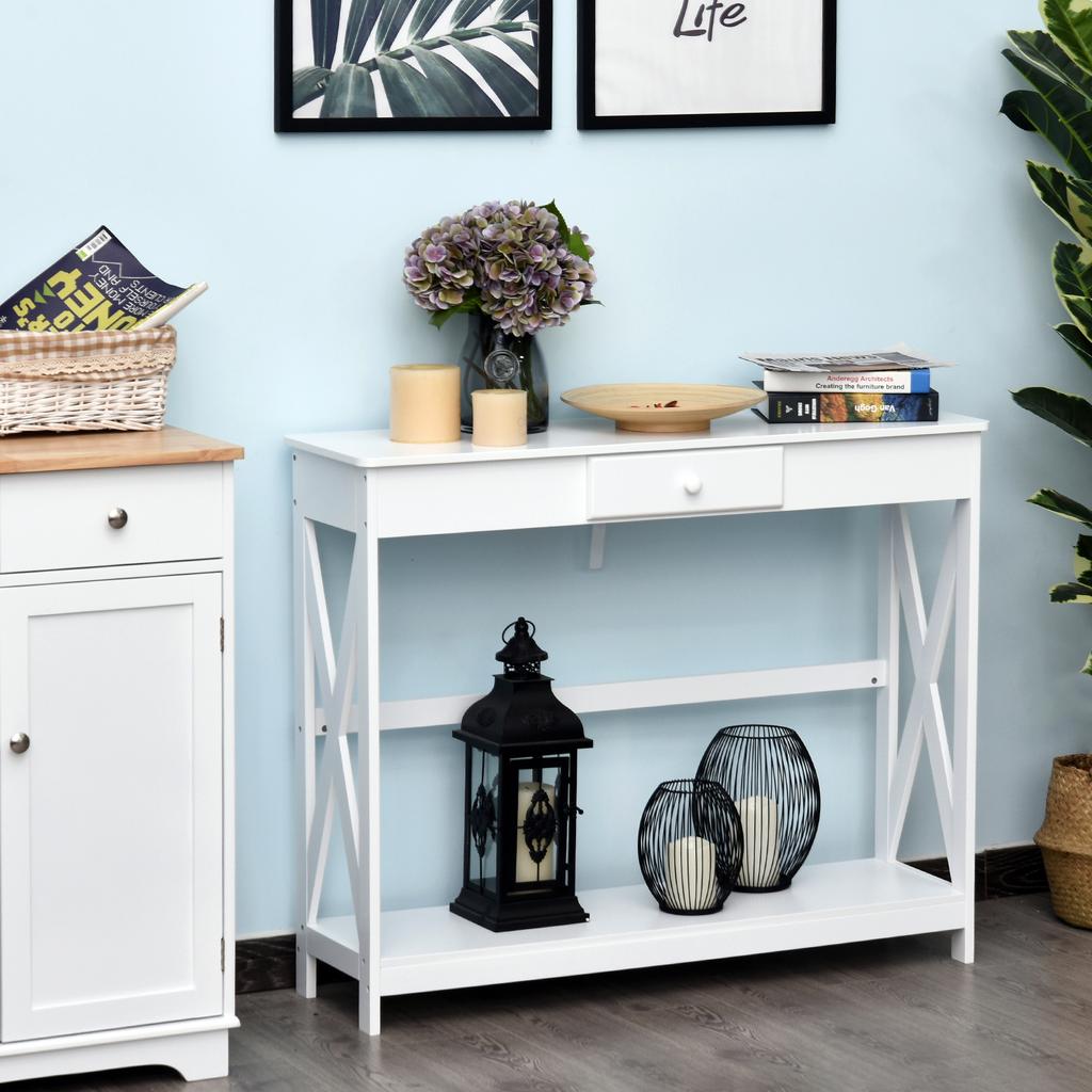 Mesa Consola Mesa de Entrada Con 1 Cajón + 1 Estante Dim. 100L X 30A X 81A Cm En Madera Blanco