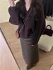 Women's Gray Retro Striped Knit Midi Skirt - Winter Korean Style Slimming Bodycon Casual Skirt