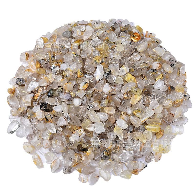 

Golden Rutilated Quartz Chips: Raw Titanium Gemstones for Decoration, Aquarium, Flower Pot, Offering, or Mandala 3-5mm 100g