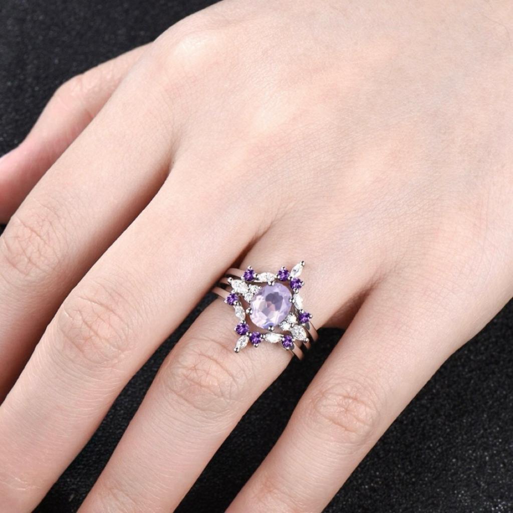 Luxury New European Beautiful Women's Three-piece Ring Inlaid Amethyst Zircon Ring Wedding Engagement Jewelry