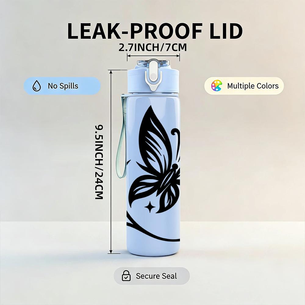 1PC Curved Wing Black Butterfly 750ml Color Plastic Sports Water Bottle Leakproof Flip Straw Lid Suitable for Sports Office Home Use