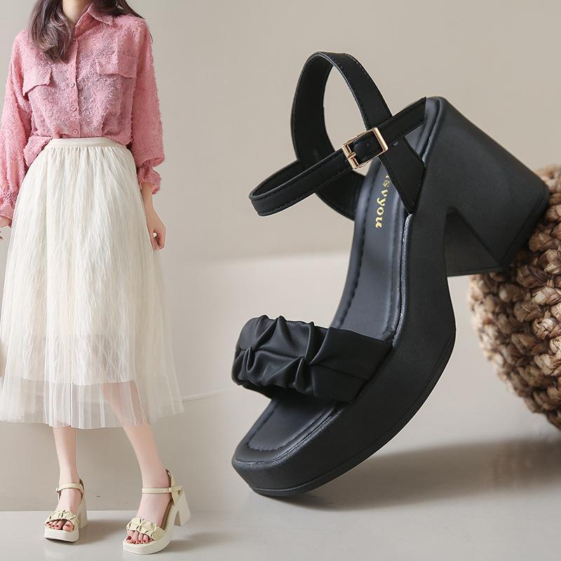 Large Size Thick-soled High-heeled Sandals for Women's Summer New One-word Buckle Strap, Solid Color Square Head Thick-heeled Sandals for Women