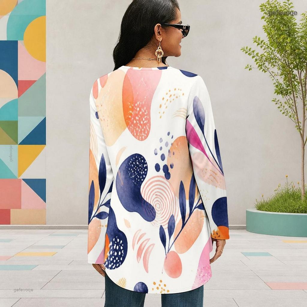 Women Plus Size Round Neck Long Sleeve Dark Blue Printed Loose High Low Hem Shirt