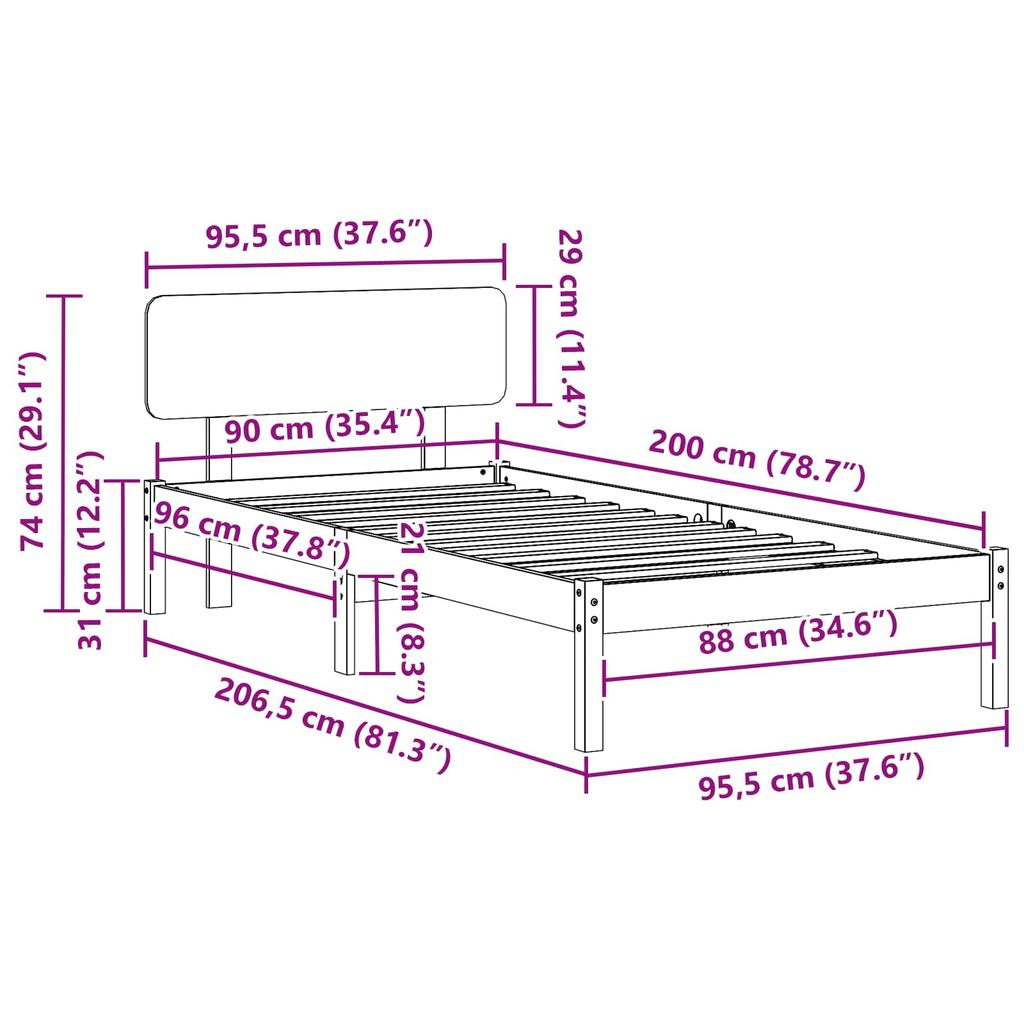 Bed Frame Wax Brown 90 x 200 cm Solid Pine Wood
