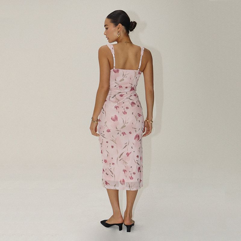 European and American Single Seaside Holiday Style Sexy V-neck Backless Mesh Floral Print Sling Long Dress Waist Hugging Slimming Dress Women