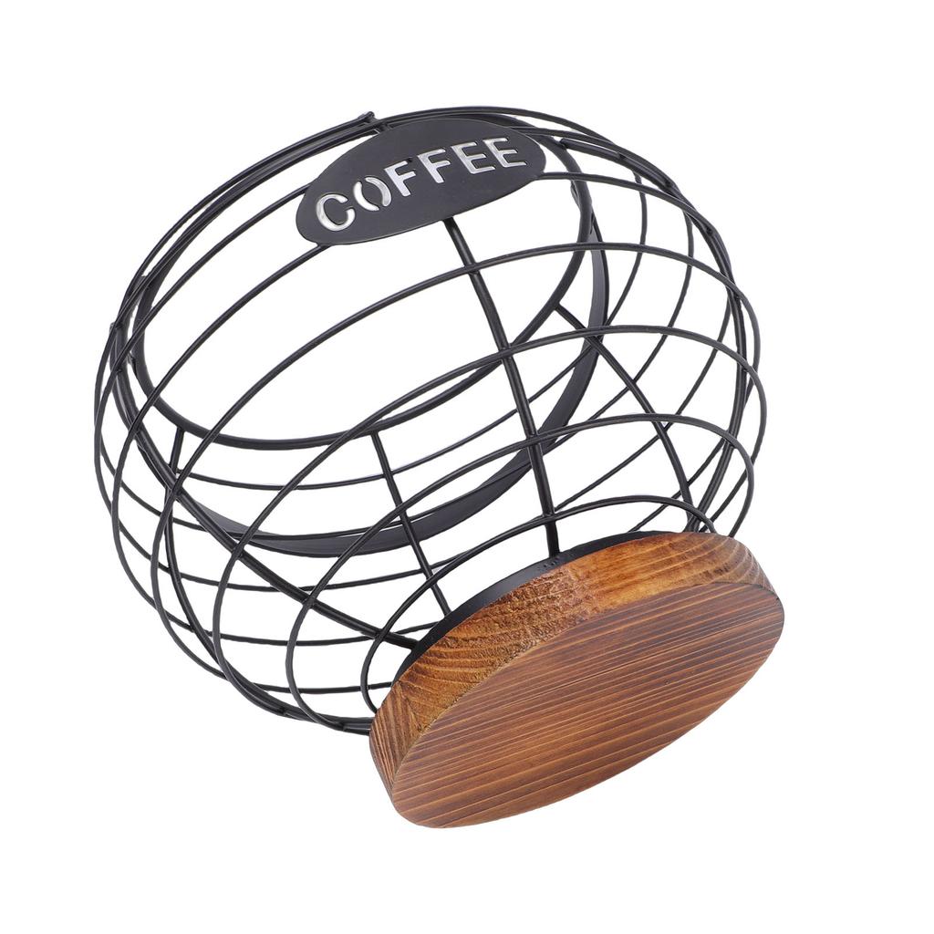 Coffee Pod Holder Organizer Metal Grid Coffee Pod Storage Basket with Wooden Base for Kitchen Counter Desktop