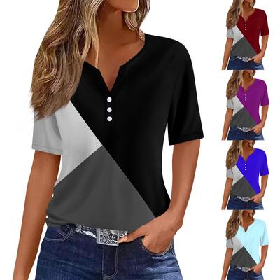 Damen-T-Shirt, T-Shirt, bedruckt, Knopfleiste, kurzärmelig, für den Alltag, Wochenende, modisch, Basic, V-Ausschnitt, normales Oberteil
