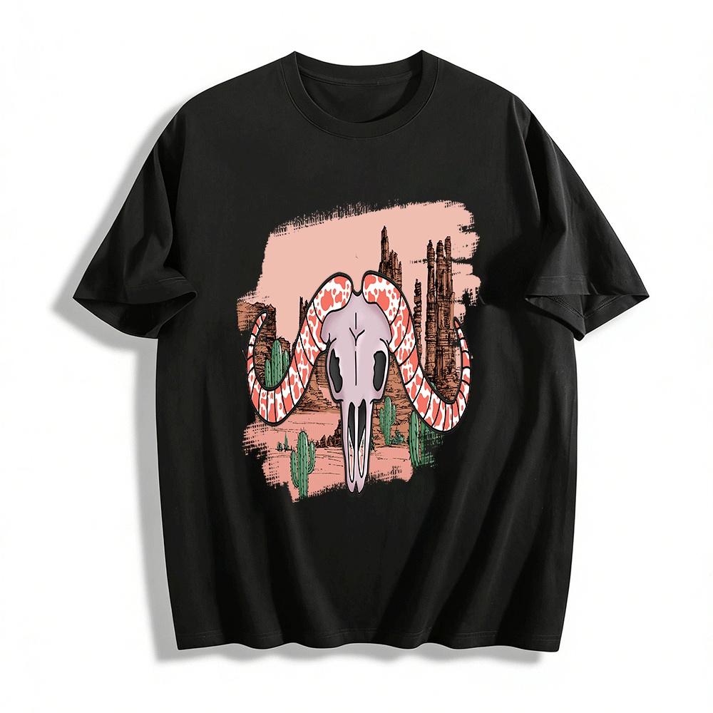 Western Desert Cow Skull Print Retro Casual Short Sleeve Top Pure cotton T-shirt XXS