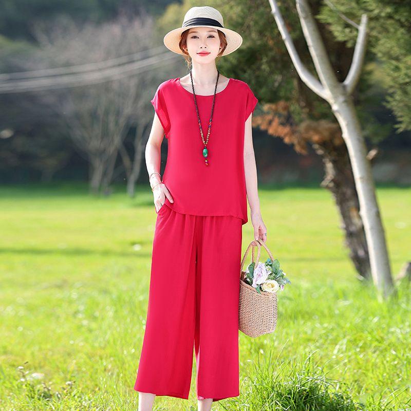 Cotton Silk Two Piece Set Womens Summer Outfit Loose Short Sleeve T-shirt and Pants Casual Trendy Plus Size
