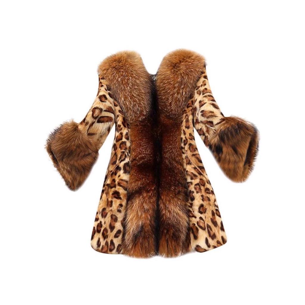 Women's Mid-Length Leopard Print Faux Fur Coat with Raccoon-Style Collar