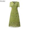 ZANZEA Elegant Women V Neck Short Sleeve Front Lace Crochet  Splicing Casual Long Dress Nonelastic