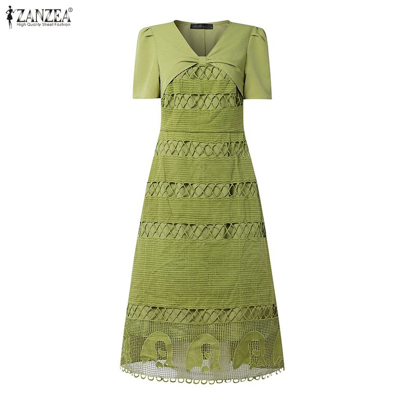 ZANZEA Elegant Women V Neck Short Sleeve Front Lace Crochet Splicing Casual Long Dress Nonelastic