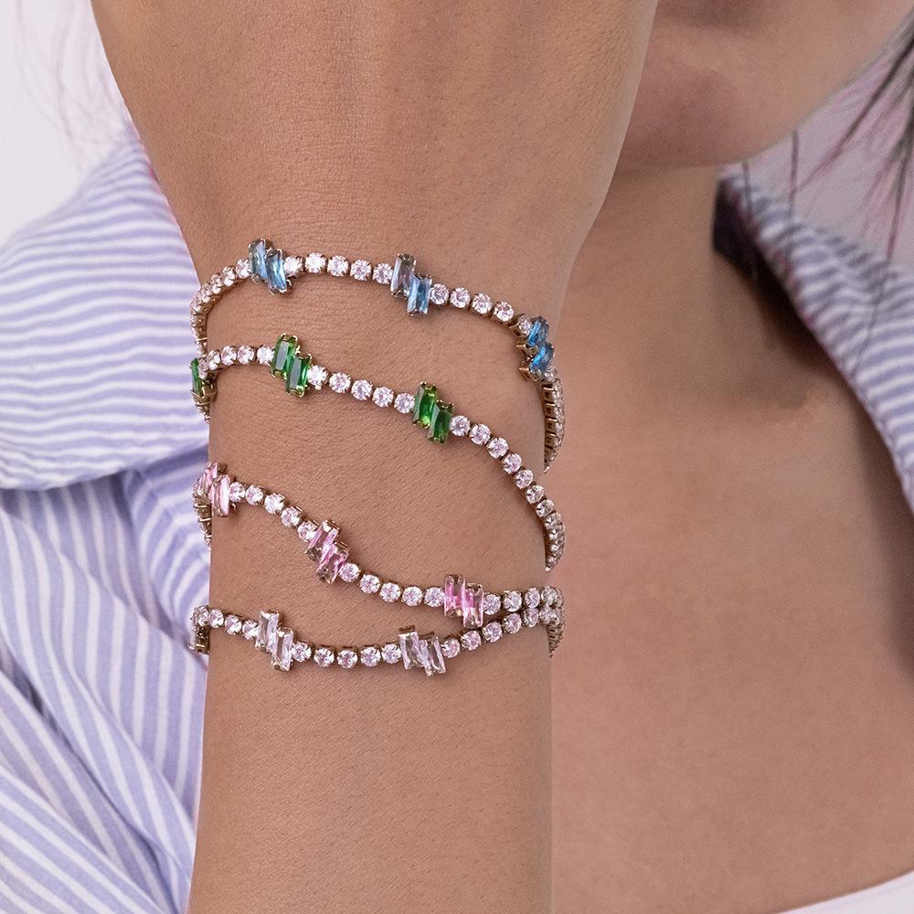 Vibrant Multicolor Baguette Zircon Tennis Bracelet Gold Plated Stainless Steel Chain Women Sparkling Bracelet