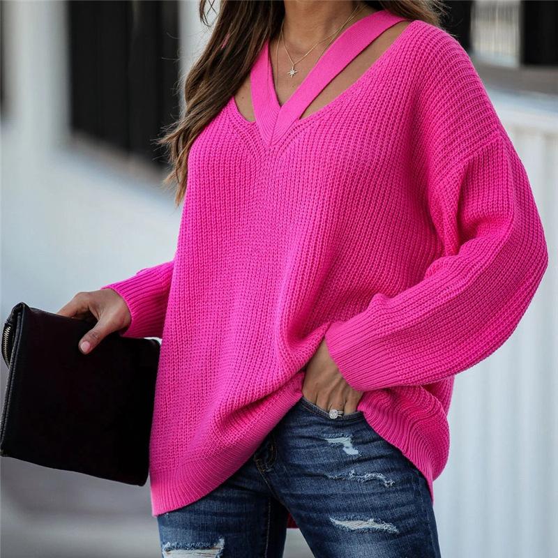 Autumn Winter Solid Colour Knit Pullover Loose Fit Plus Size Elegant Commuter Double V Neck Sweater for Women Luxurious Relaxed Versatile Top