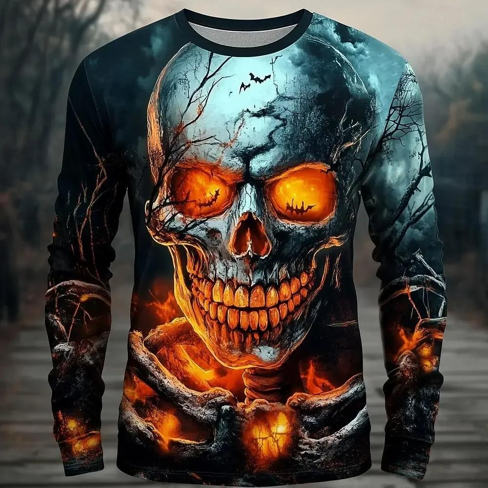 Men Glowing Skull Bat Forest 3D Print Long Sleeve T Shirt Halloween Gothic Outfit