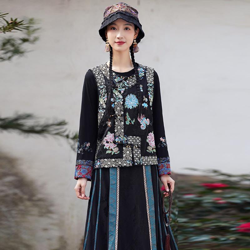 

Женский высококачественный этнический стиль ретро вышитый цветочный жилет M чёрный