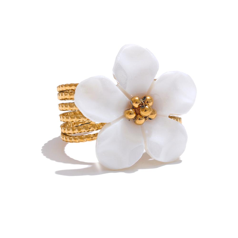

Yhpup Thicker Natural Shell Flower Open Gold Color Ring Fashion Stainless Steel Stylish Exquisite Waterproof Finger Jewelry resizable